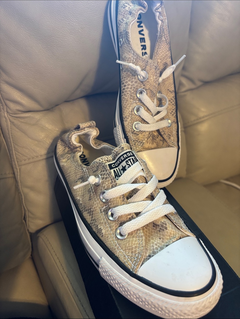 Converse Low Top Sneakers in Snake-Print Beige